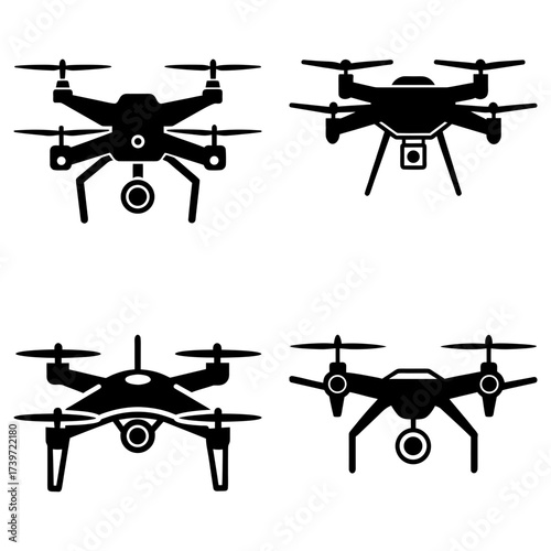 Four drone illustrations in black silhouette showing different drone designs and camera placements aerial view