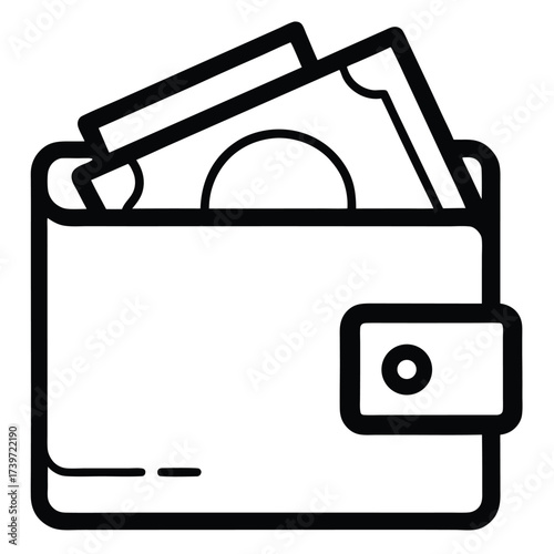 Black and white outline icon of a wallet with money