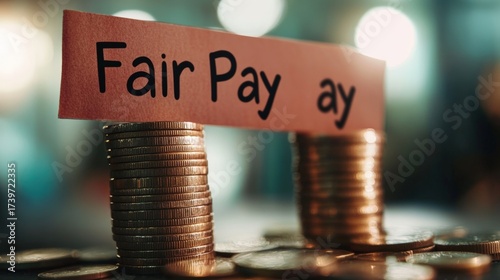 Close-up of Stacked Coins with Fair Pay Protest Sign in Soft Diffuse Lighting