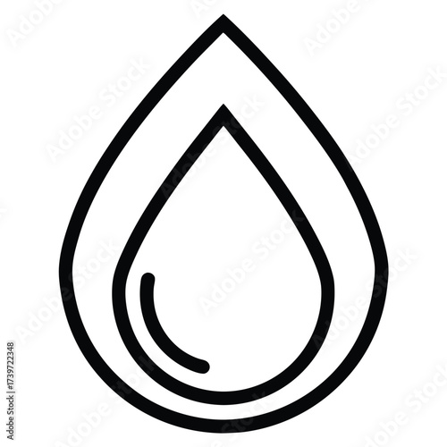 Clean black and white outline water drop icon with white background