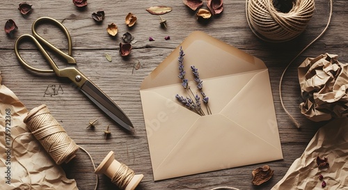 A beautifully arranged flat lay of an envelope with lavender, scissors, and decorative materials on a wooden surface