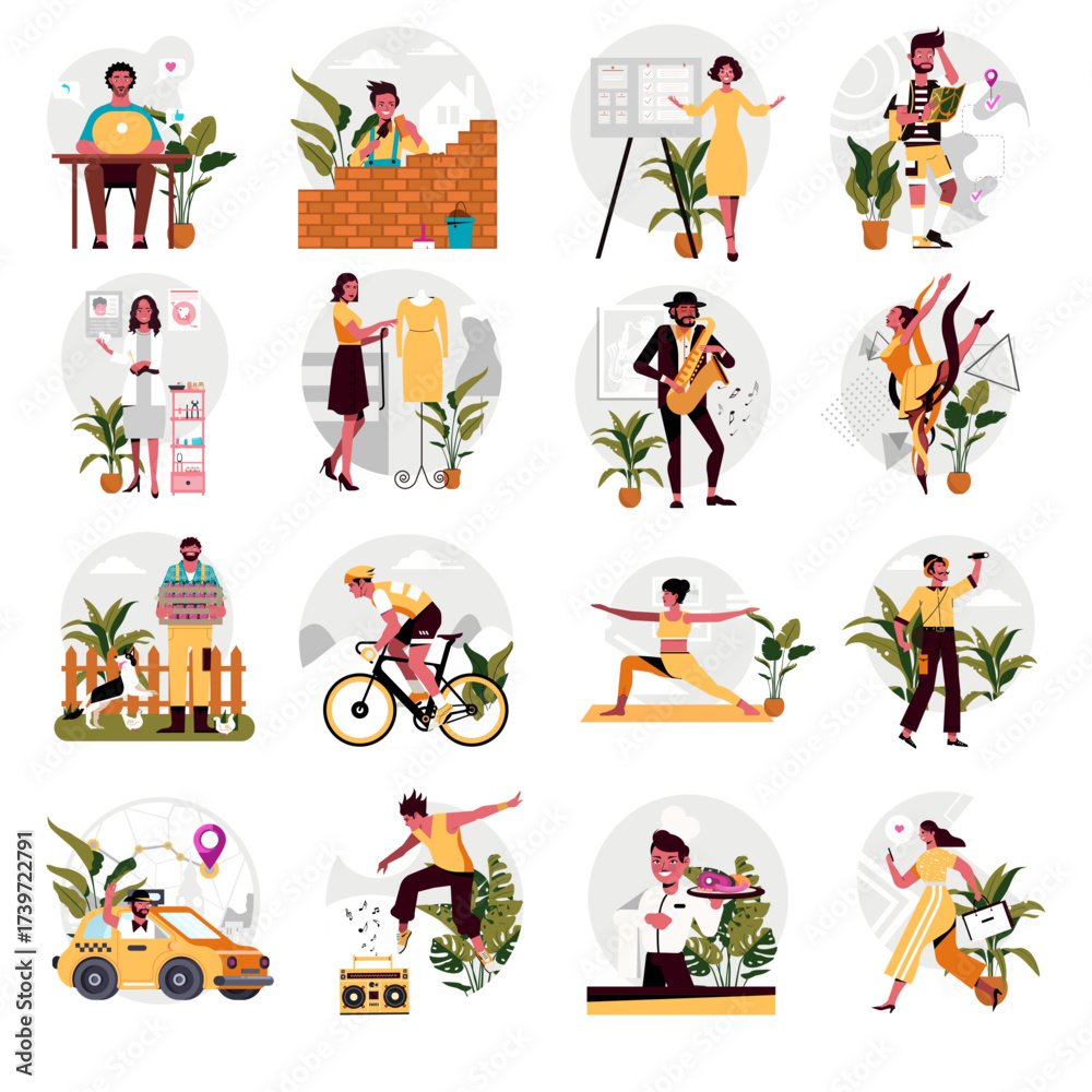 Fototapeta premium Occupation Icons of Human Activities Sketch Cartoon Characters