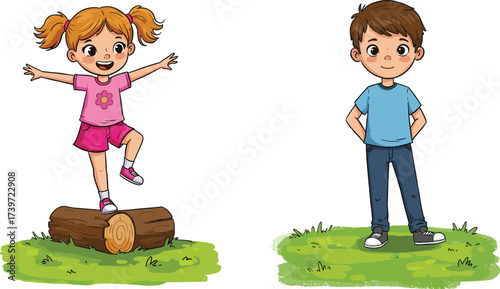 Cartoon children playing outdoors, happy kids standing on grass, boy and girl illustration, childhood activity, outdoor fun, educational design, nature