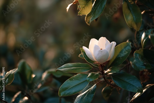 Stunning white magnolia bloom bathed in warm golden hour sunlight, showcasing delicate petals and lush green leaves in a serene garden setting