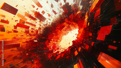 Fototapeta Naklejka Na Ścianę i Meble -  Abstract red tunnel of exploding digital cubes creating dynamic energy and motion