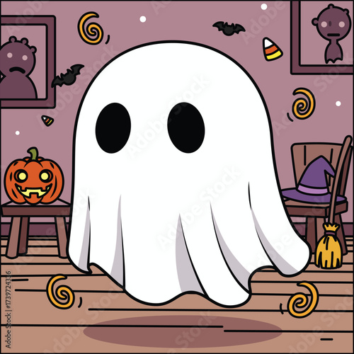 Ghost in a blanket with an abandoned house in the background