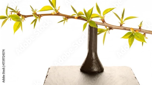 A delicate branch with sprouting spring buds rests in a dark, minimalist vase on a slate surface