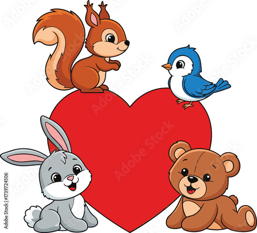 Cartoon animal group around red heart, love and friendship illustration, cute forest characters, Valentine theme vector art, cheerful and affectionate design