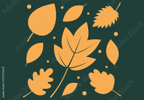 Vector art of collection of stylized autumn leaves in various shapes and warm colors like orange, red, and yellow, scattered on a dark green background