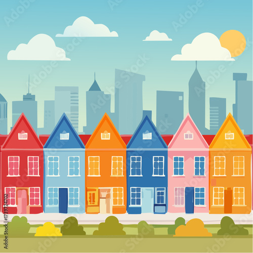 Row of colorful houses, vibrant colored facades