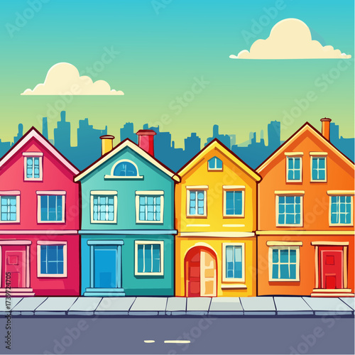 Row of colorful houses, vibrant colored facades