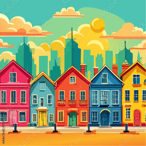 Row of colorful houses, vibrant colored facades
