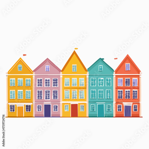 Row of colorful houses, vibrant colored facades