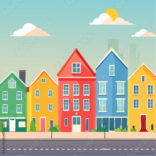 Row of colorful houses, vibrant colored facades