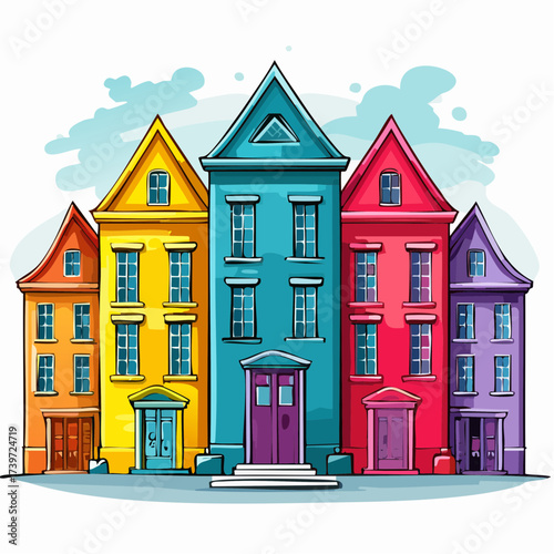 Row of colorful houses, vibrant colored facades