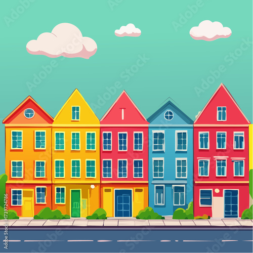 Row of colorful houses, vibrant colored facades