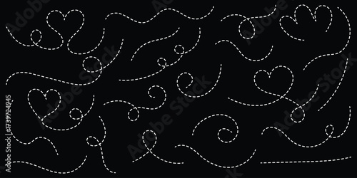 Hand drawn dotted line vector set. Hand drawn squiggly dashed, dotted lines, curved lines vector collection. Path travel dotted line trip dashed trace destination track plan and silhouette, travelling
