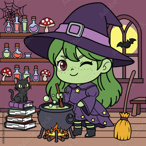 Witch with a potion bottle on the background with a black cat sitting on a book