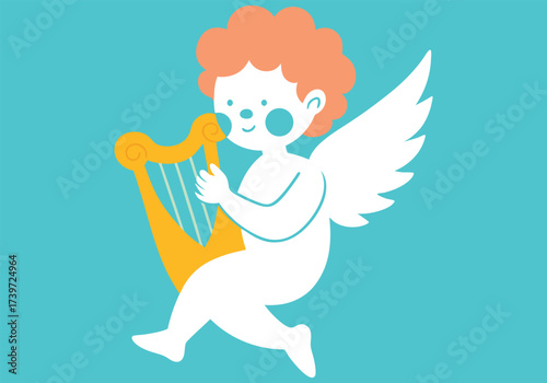 Vector art of cute cartoon cherub with orange curly hair and white wings playing a golden harp on a bright turquoise background, a whimsical illustration