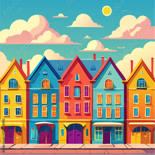 Row of colorful houses, vibrant colored facades