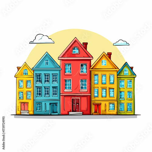 Row of colorful houses, vibrant colored facades