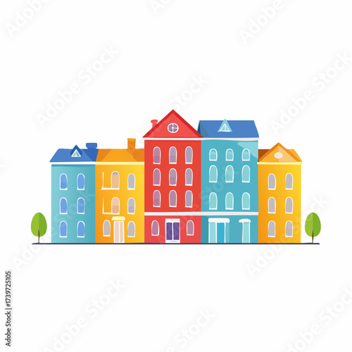 Row of colorful houses, vibrant colored facades