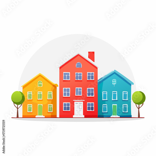 Row of colorful houses, vibrant colored facades