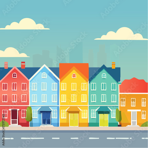 Row of colorful houses, vibrant colored facades