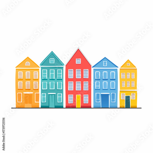 Row of colorful houses, vibrant colored facades