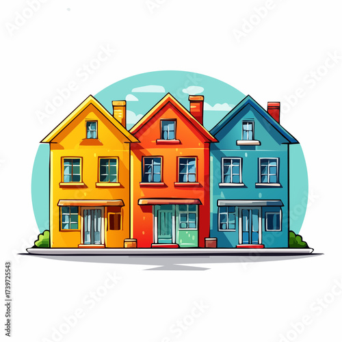 Row of colorful houses, vibrant colored facades