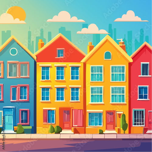 Row of colorful houses, vibrant colored facades