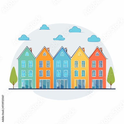 Row of colorful houses, vibrant colored facades