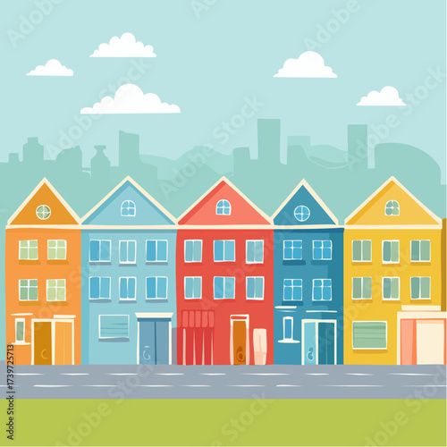 Row of colorful houses, vibrant colored facades