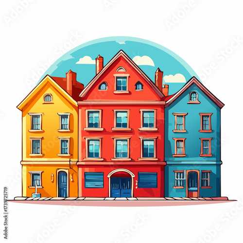 Row of colorful houses, vibrant colored facades