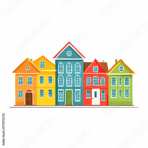 Row of colorful houses, vibrant colored facades