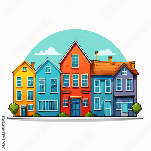 Row of colorful houses, vibrant colored facades