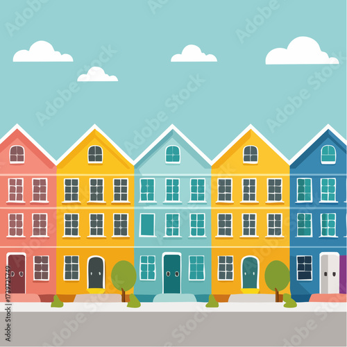 Row of colorful houses, vibrant colored facades