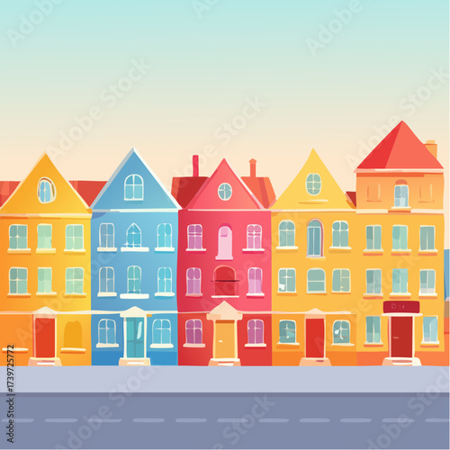 Row of colorful houses, vibrant colored facades