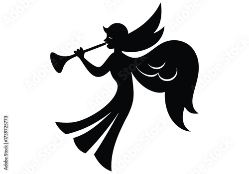Vector art of silhouette of an angel with wings playing a trumpet
