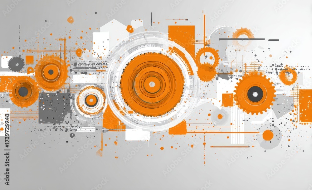 Obraz premium Abstract composition with circular and angular geometric shapes, using orange, gray, and white hues