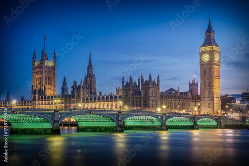 Big Ben and Houses of Parliament in London at Blue Hour with Thames Reflections