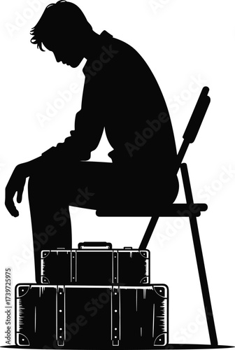 Contemplative traveler silhouette with suitcases, emotional posture illustration, black and white vector design, minimalistic journey concept, seated figure art, transition and solitude