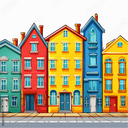 Row of colorful houses, vibrant colored facades