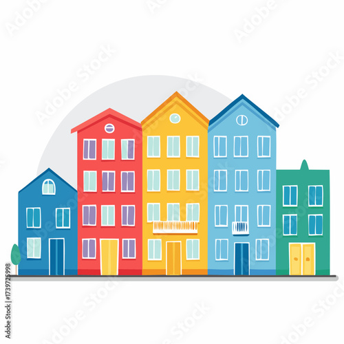 Row of colorful houses, vibrant colored facades