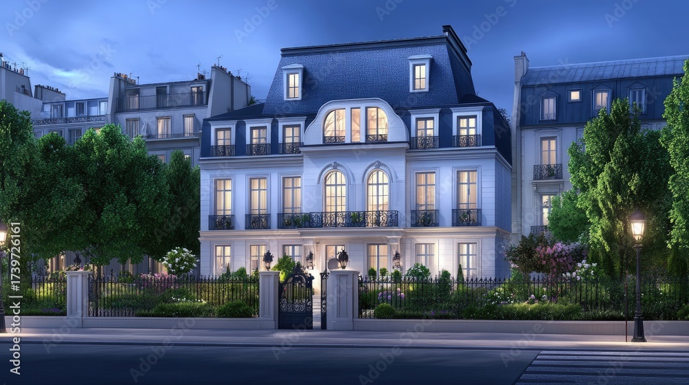 Fototapeta premium The night reveals a tall apartment building featuring Parisian-style architecture, with one window casting a warm glow against the darkened surroundings