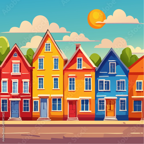 Row of colorful houses, vibrant colored facades