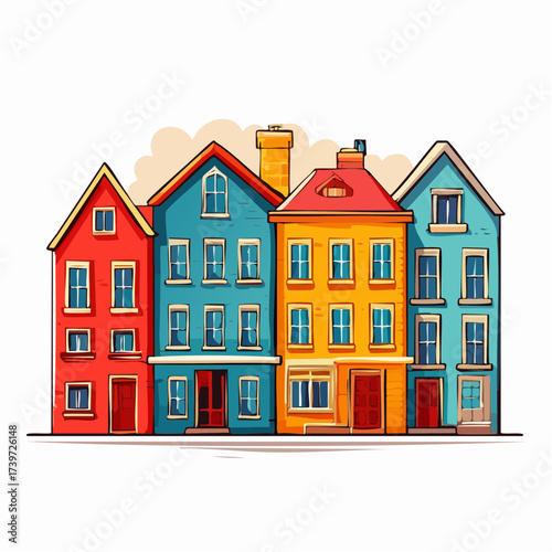 Row of colorful houses, vibrant colored facades