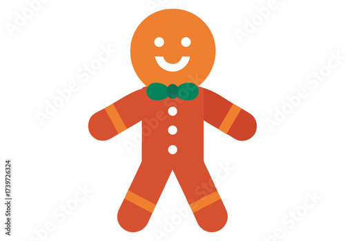 Vector art of flat design illustration of a gingerbread man with a green bow tie, isolated on a white background