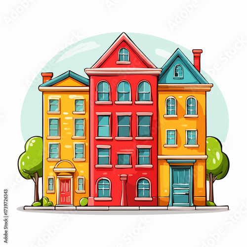 Row of colorful houses, vibrant colored facades