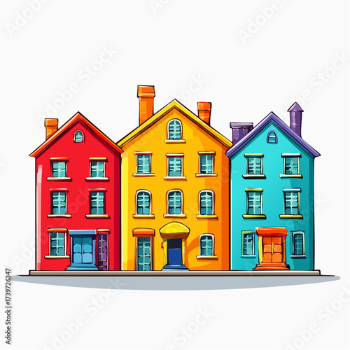 Row of colorful houses, vibrant colored facades